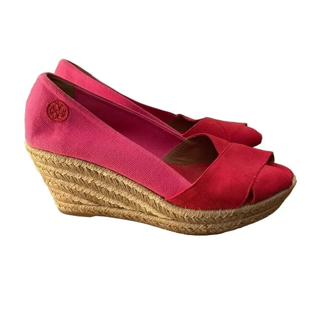 Tory Burch Filipa Colorblock Espadrilles Pink Red Wedge Heel Size 10